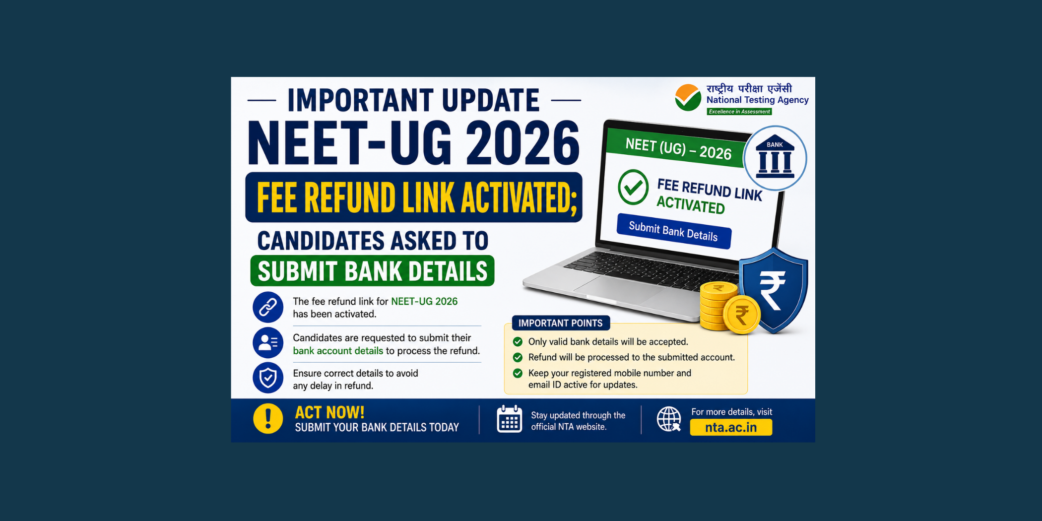 NEET-UG 2026 Fee Refund Link Activated; Candidates Asked to Submit Bank Details